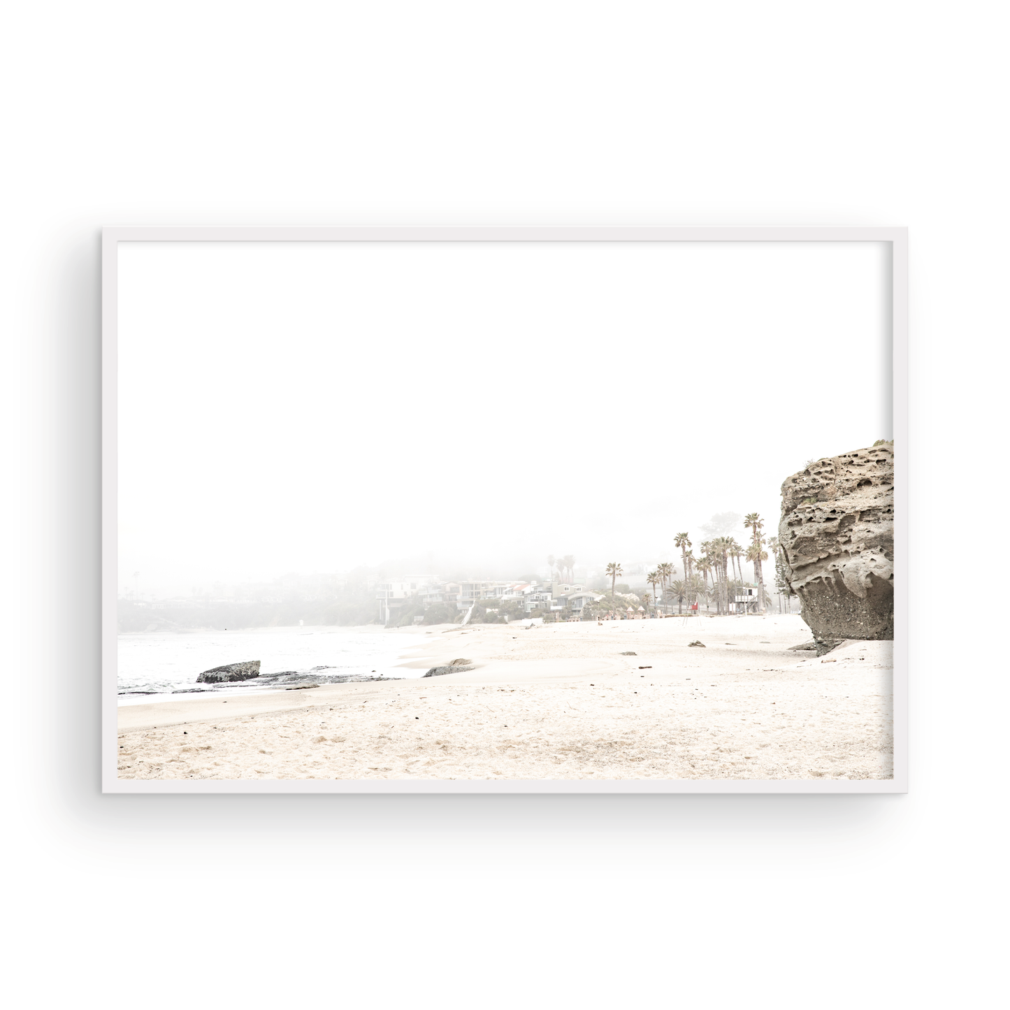 Vertical coastal photography featuring a red and white lifeguard chair and a calm ocean background, located in Laguna California. Photograph in minimalist mock up.