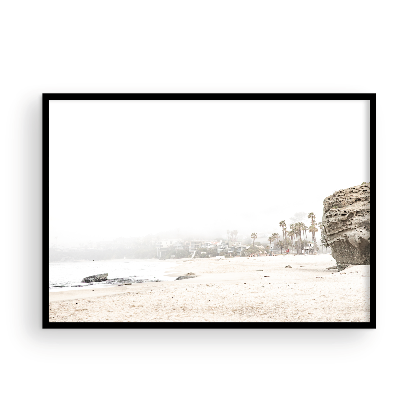Vertical coastal photography featuring a red and white lifeguard chair and a calm ocean background, located in Laguna California. Photograph in minimalist mock up.