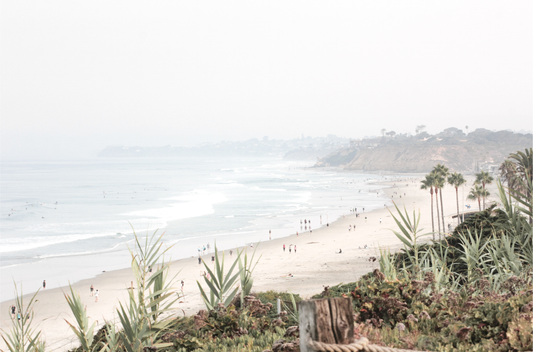 Landscape San Diego beach print showing seascape with gentle ocean waves in the water near a sandy cliff.