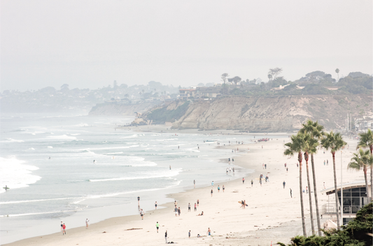 Best-selling large framed Del Mar Beach fine art print in soft neutral tones - perfect coastal wall art for beach house decor