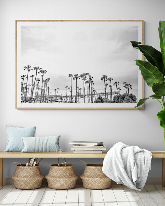 Horizontal black and white coastal photography of many palm trees in the foreground, with the San Clemente Pier extending into the ocean in the background. This large landscape beach art conveys strong beach vibes. Photograph in minimalist mock up.