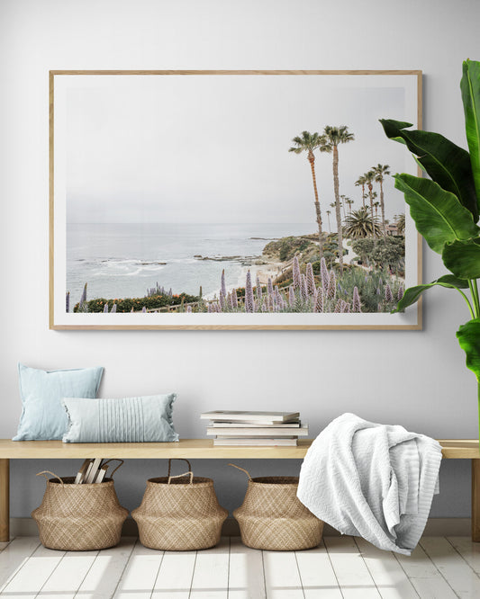 Horizontal coastal photography featuring a scenic view of the ocean with palm trees in the background, set against a white sky, located in Laguna California. Photograph in minimalist mock up.