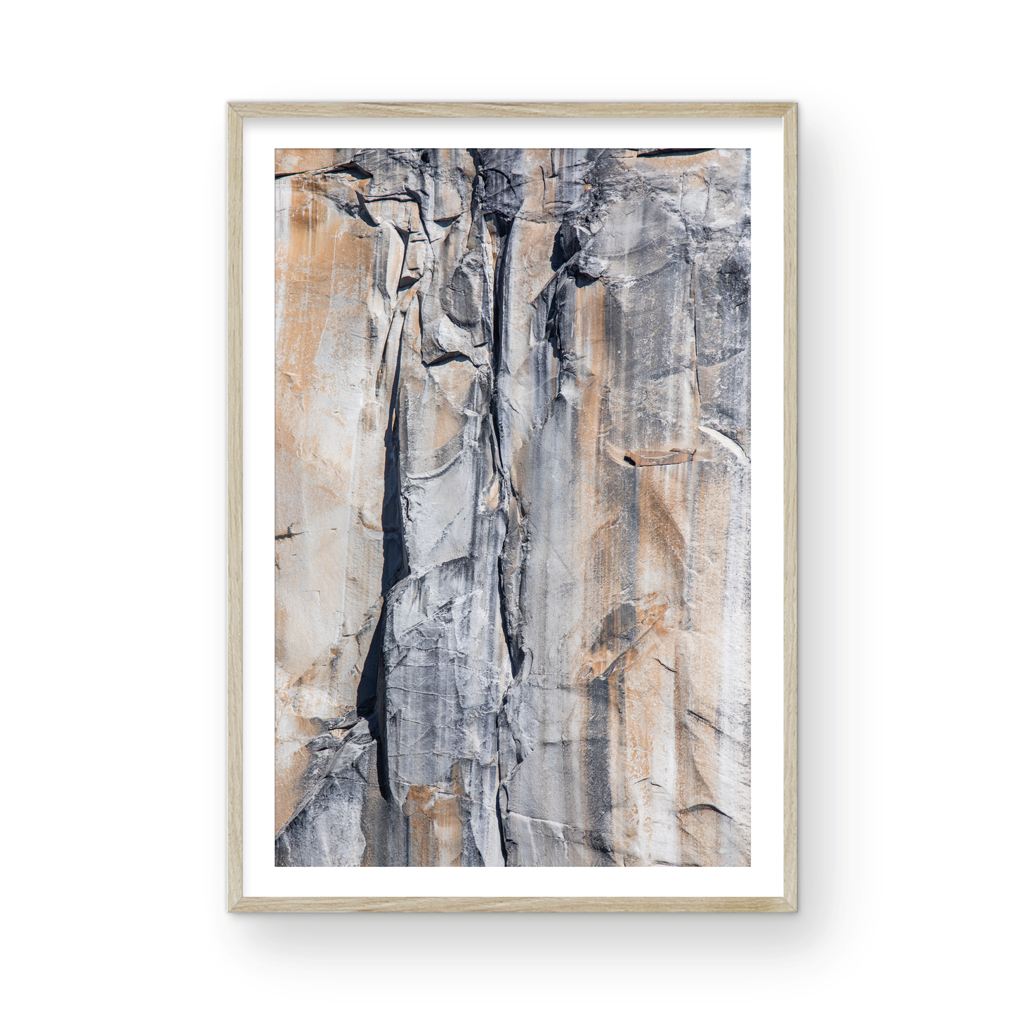 Fine art Yosemite Valley vertical landscape print by Southern California photographer Kim Dybczak of Salt Creek Prints, featuring a multi colored granite cliff side. Photograph in minimalist mock up