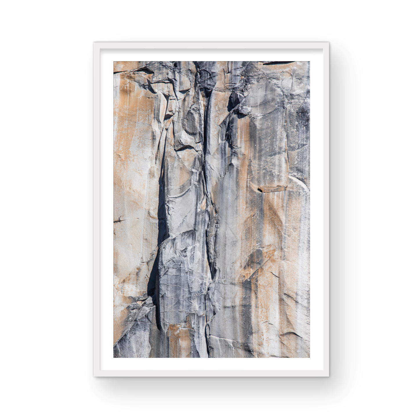 Fine art Yosemite Valley vertical landscape print by Southern California photographer Kim Dybczak of Salt Creek Prints, featuring a multi colored granite cliff side. Photograph in minimalist mock up