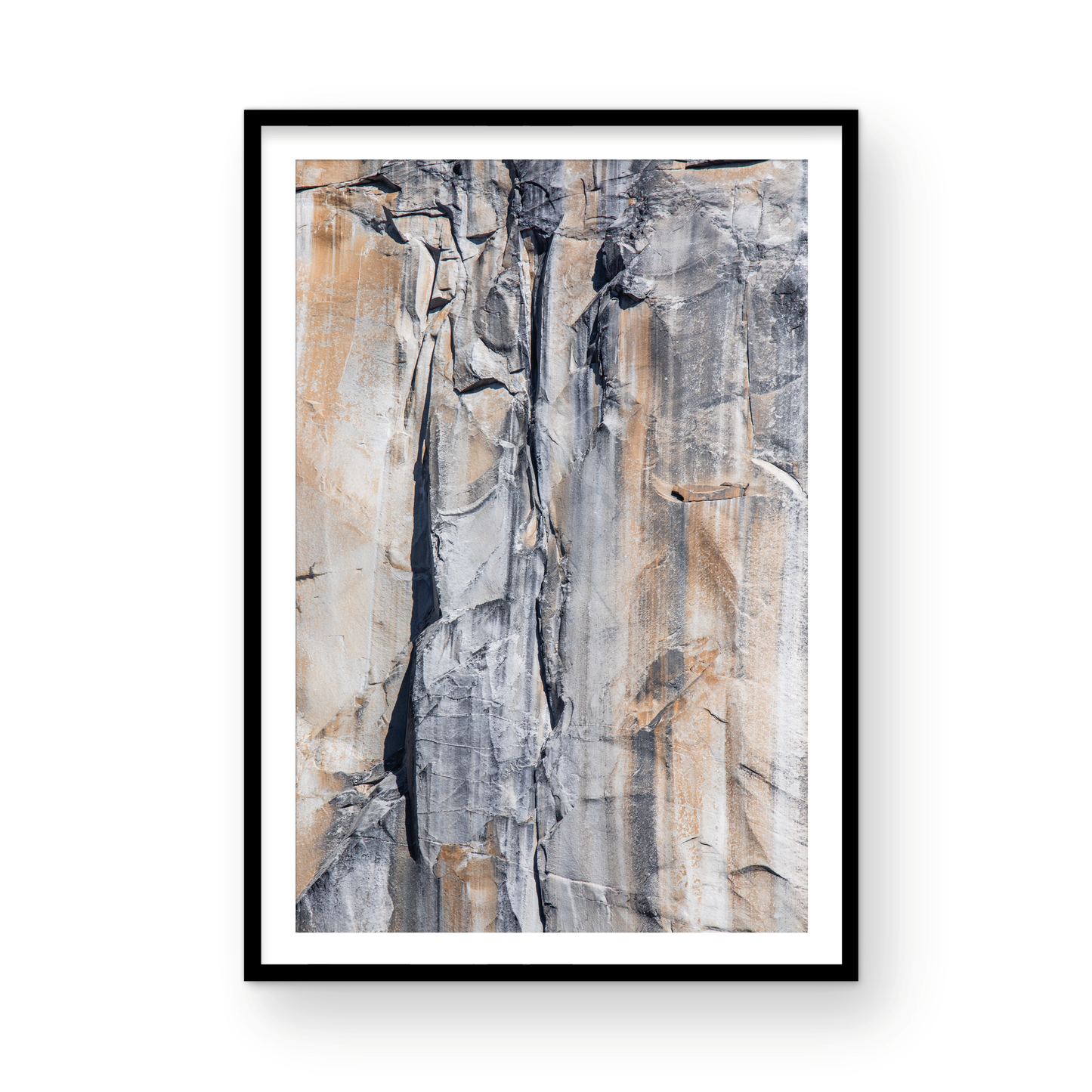 Fine art Yosemite Valley vertical landscape print by Southern California photographer Kim Dybczak of Salt Creek Prints, featuring a multi colored granite cliff side. Photograph in minimalist mock up