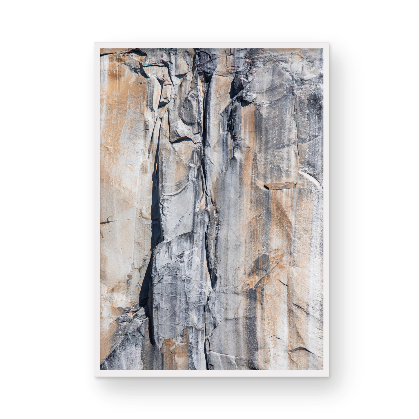 Fine art Yosemite Valley vertical landscape print by Southern California photographer Kim Dybczak of Salt Creek Prints, featuring a multi colored granite cliff side. Photograph in minimalist mock up