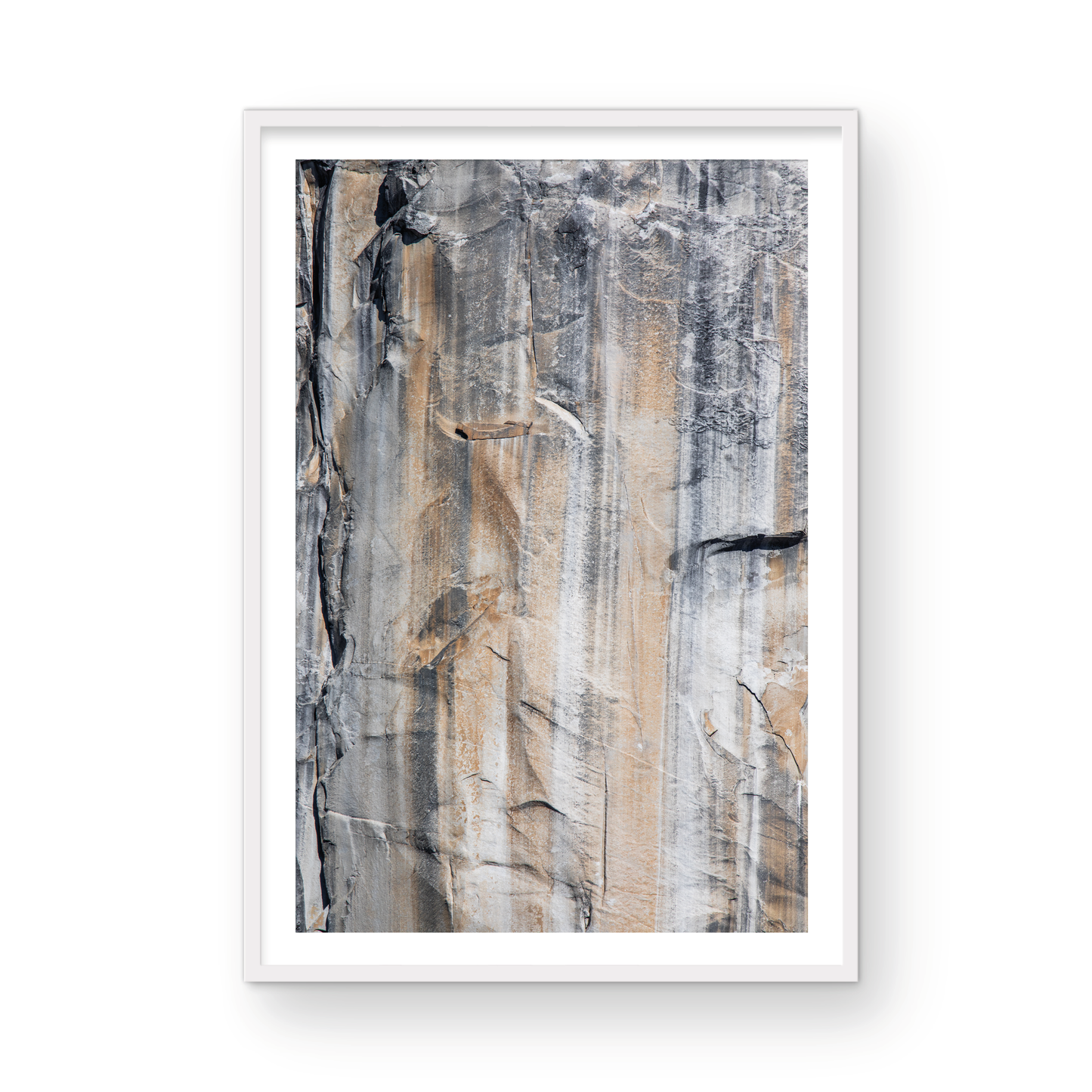 Fine art Yosemite Valley vertical landscape print by Southern California photographer Kim Dybczak of Salt Creek Prints, featuring a multi colored granite cliff side. Photograph in minimalist mock up