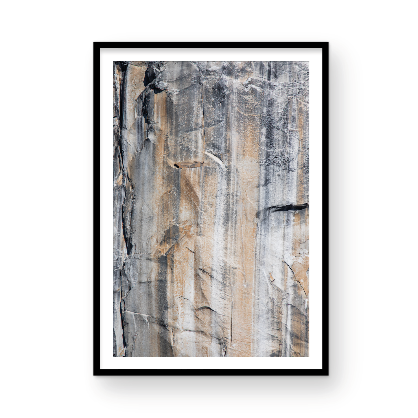 Fine art Yosemite Valley vertical landscape print by Southern California photographer Kim Dybczak of Salt Creek Prints, featuring a multi colored granite cliff side. Photograph in minimalist mock up