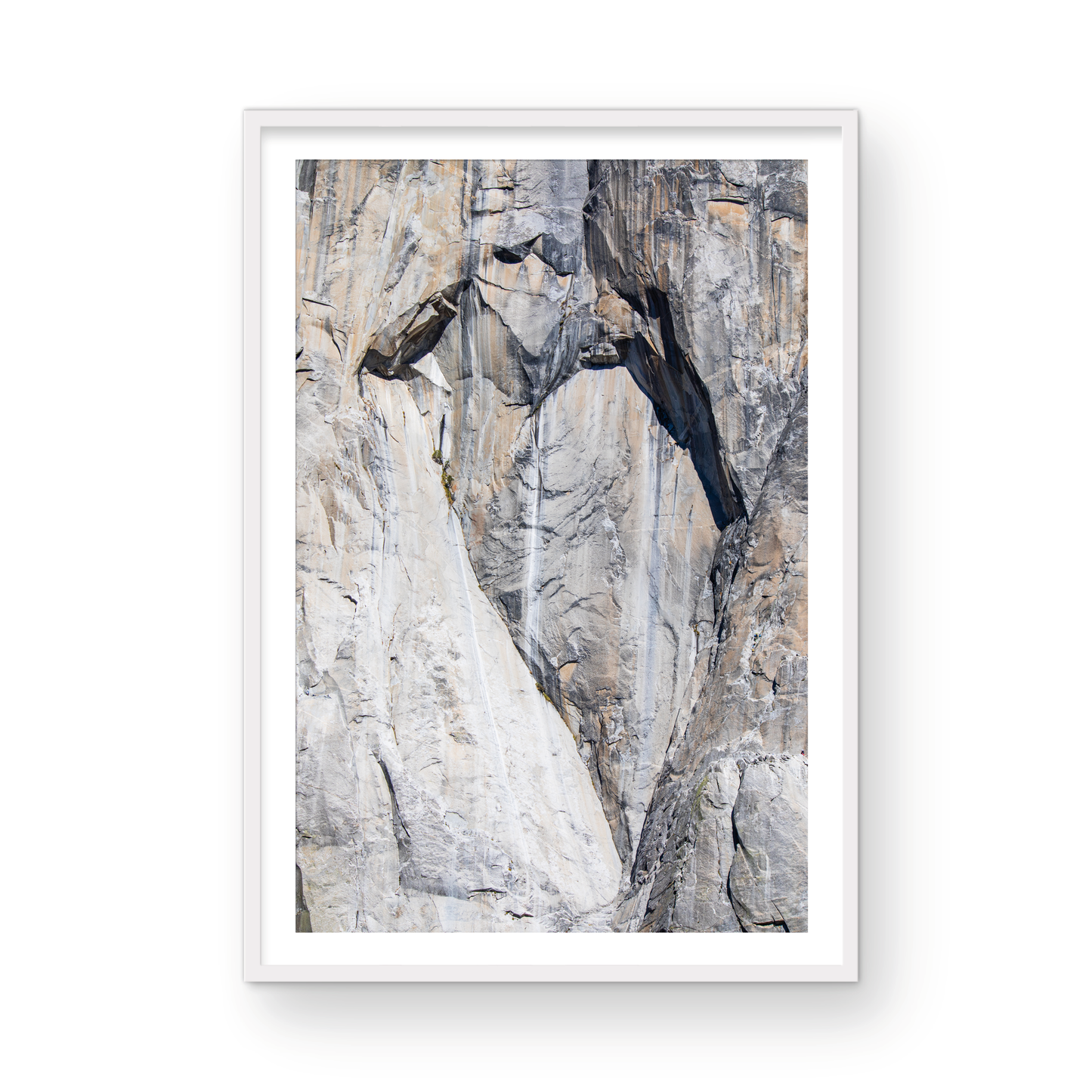 Fine art Yosemite Valley vertical landscape print by Southern California photographer Kim Dybczak of Salt Creek Prints, featuring a multi colored granite cliff side. Photograph in minimalist mock up
