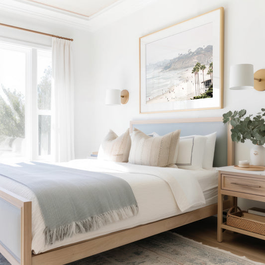 Large framed Del Mar Beach fine art print in soft neutral colors - coastal home decor