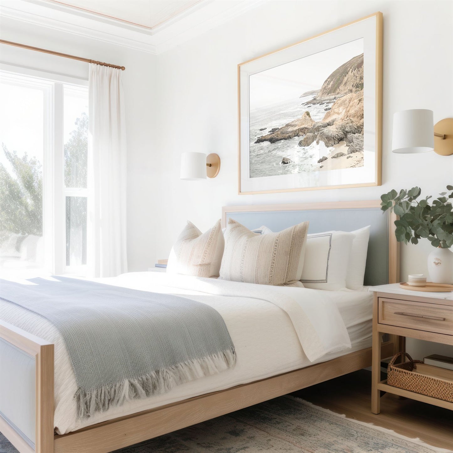 Framed photo of: Bodega Head 7709 displayed above a bed.