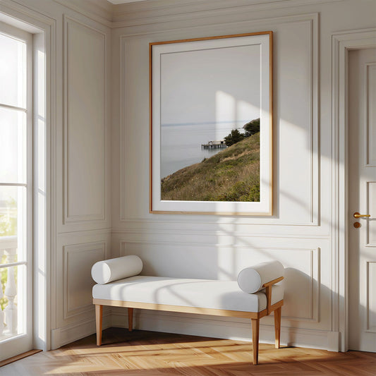 Framed photo of: Point Reyes 7379 displayed above a bench in a luxury hallway.