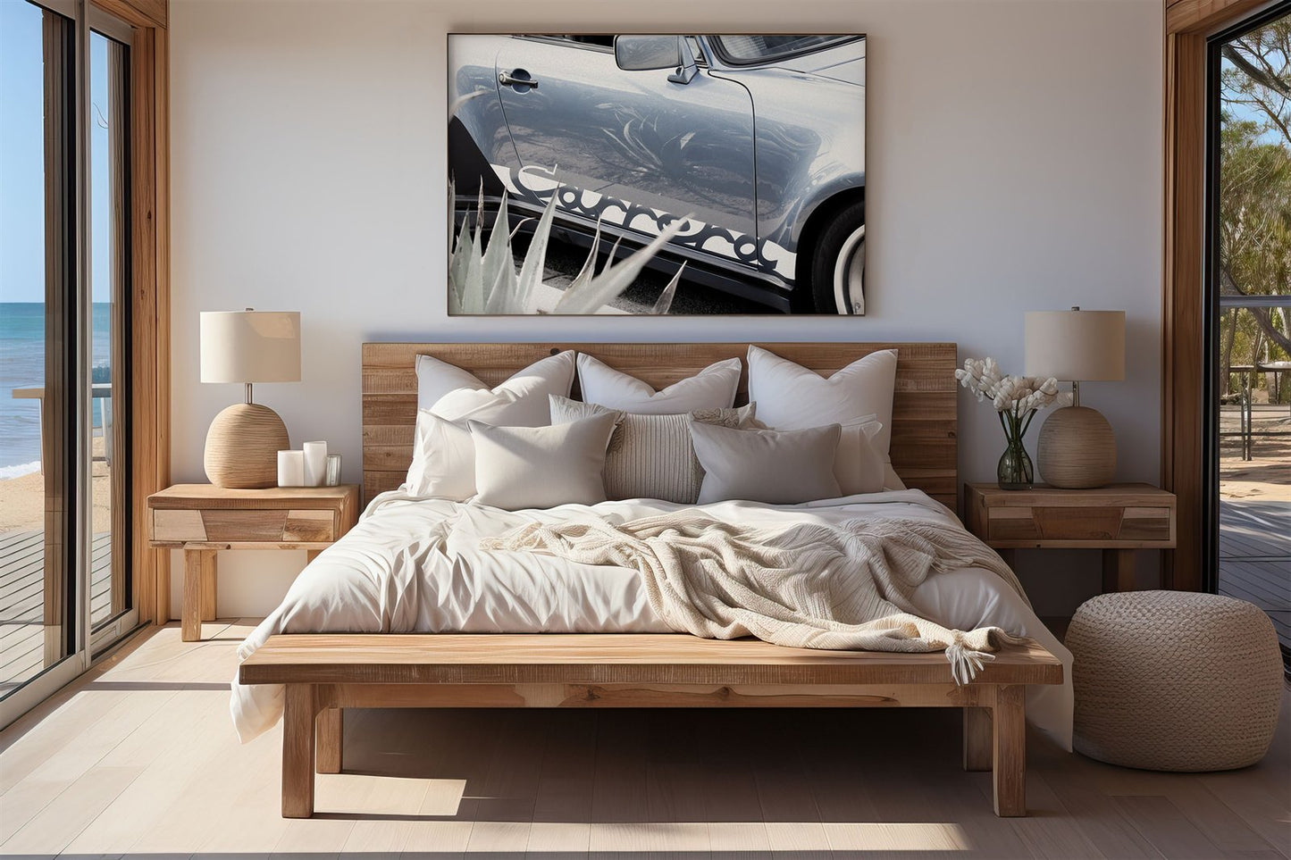 Framed photo of: Porsche Carrera 8334 displayed on a wall above a bed in a neutral bedroom.