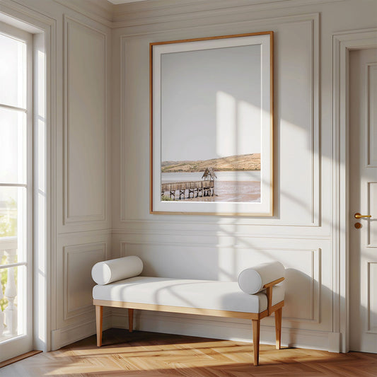 Framed photo of: Tomales Bay 7140 displayed above a bench in a luxury hallway.