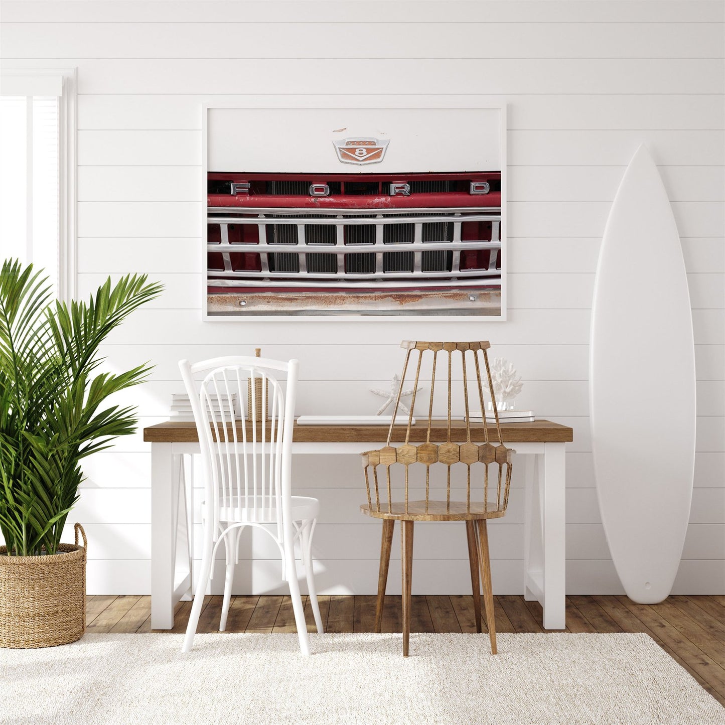Framed photo of: Ford Truck 8384 displayed above a desk in a surf theme room.