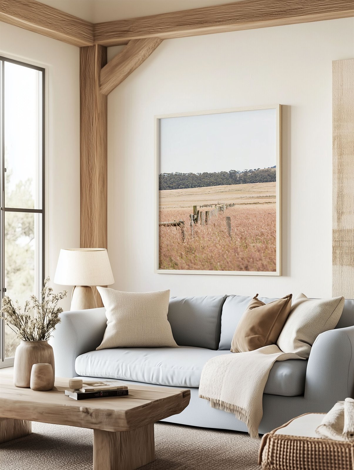 Framed photo of: Point Reyes 7188 displayed on a wall in a farmhouse living room.