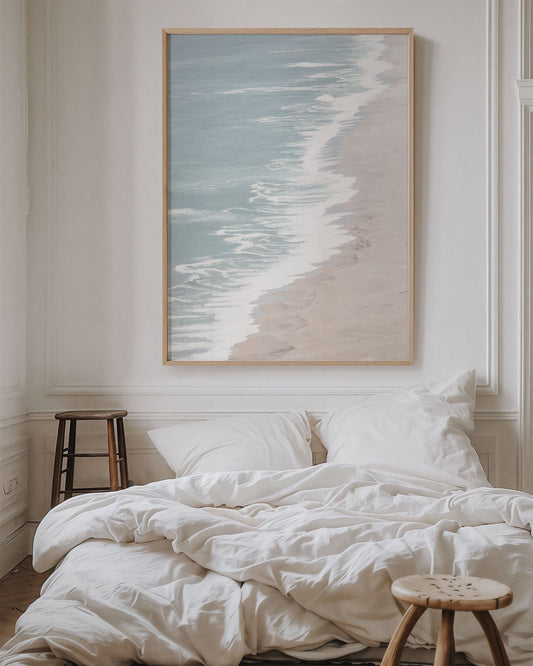 Framed photo of: Point Reyes Beach 7399 displayed above a bed in a cozy room.