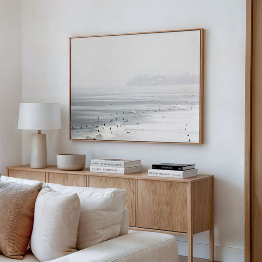 Canvas framed photo of: Del Mar 5829 displayed on a living room wall.