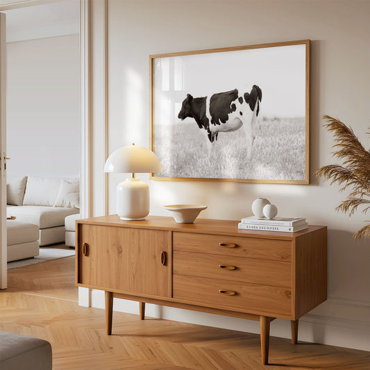 Framed photo of: Cow 7197 displayed on a wall above a console in a modern entryway.