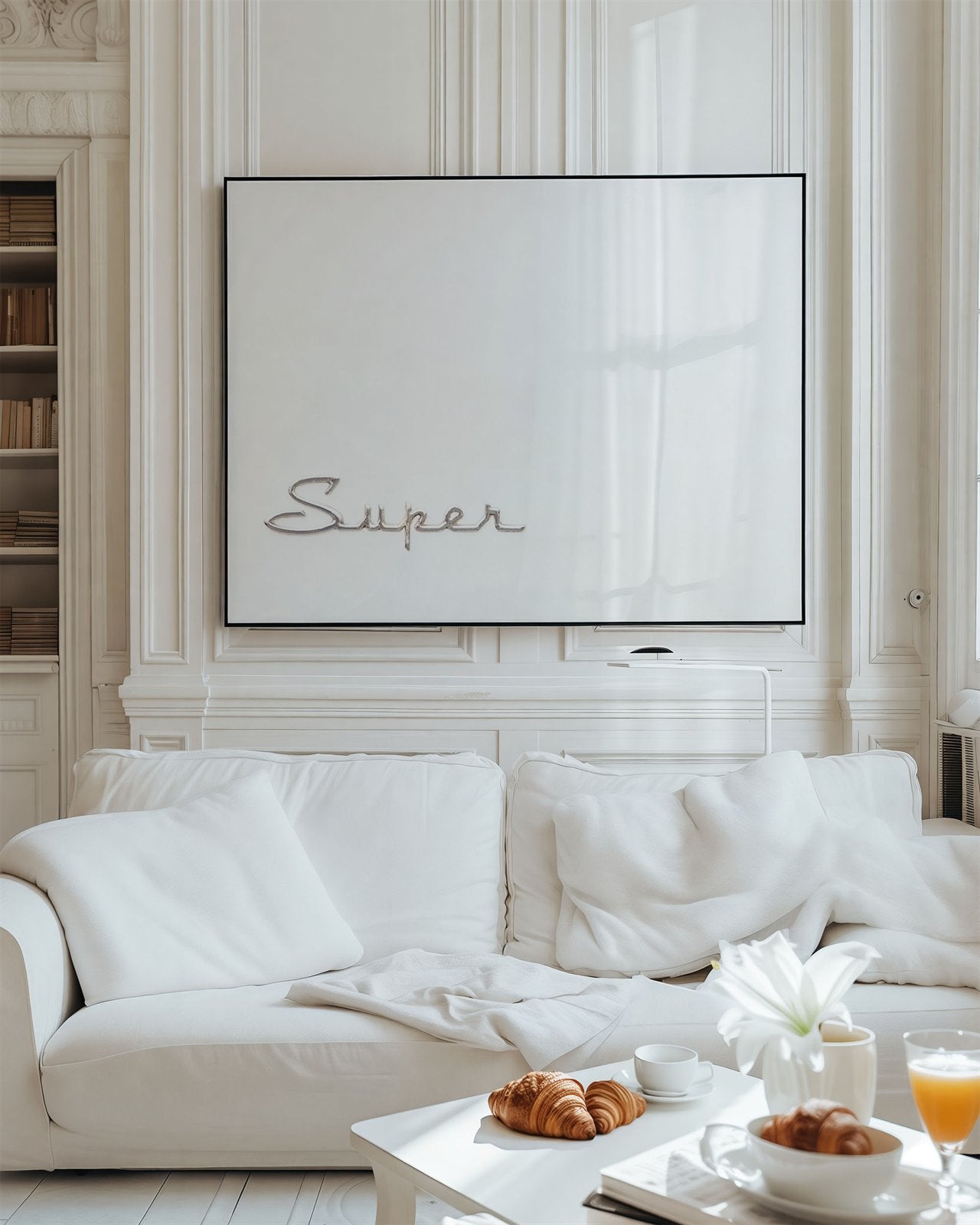 Framed photo of: Super 7772 displayed on a wall above a couch in a Parisian room.