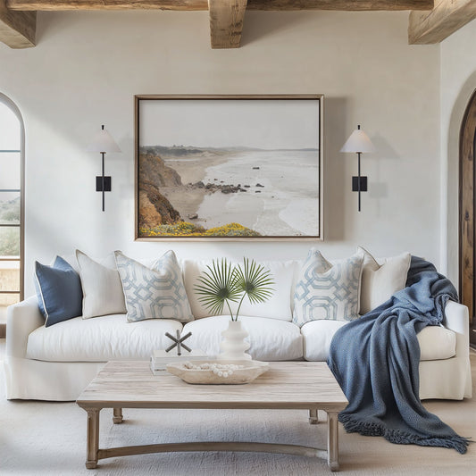 Framed photo of: Salmon Creek Beach 7463 displayed in a coastal living room above a couch.