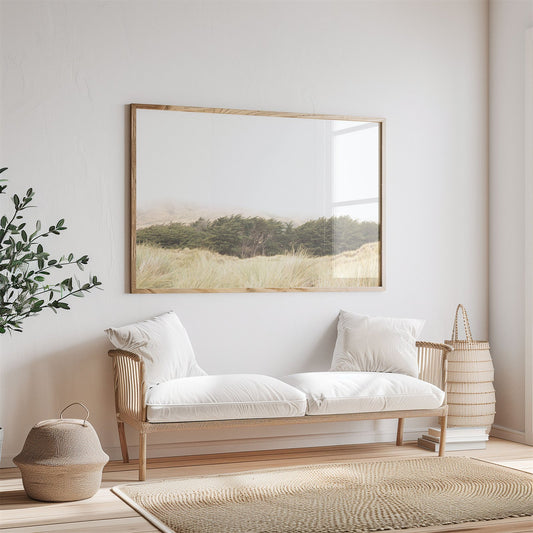 Framed photo of: Bodega Bay 7617 displayed above a couch.