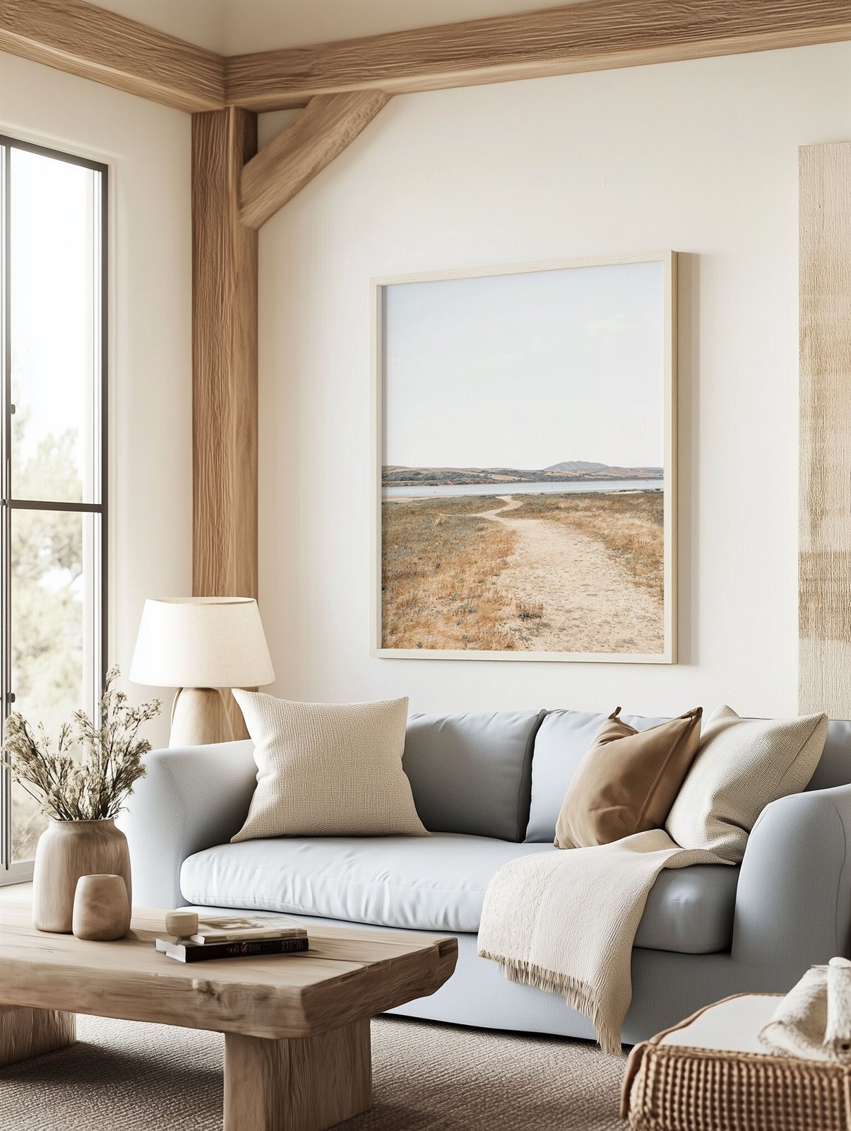 Framed photo of: Tomales Bay 7148 displayed above a couch in a coastal living room.