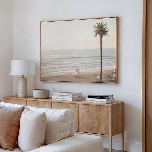 Framed canvas photo of: Moonlight Beach 9130 displayed on a living room wall.