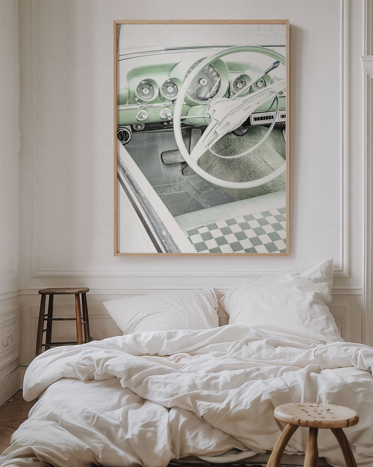 Framed photo of: Bel Air 7889 displayed above a bed in a cozy room.