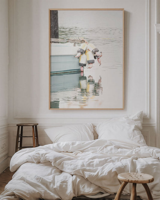 Framed photo of: Bodega Bay Boat 7653 displayed above a bed.