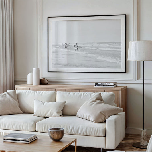 Framed photo of: Moonlight Beach 4159 displayed on a living room wall above a couch.