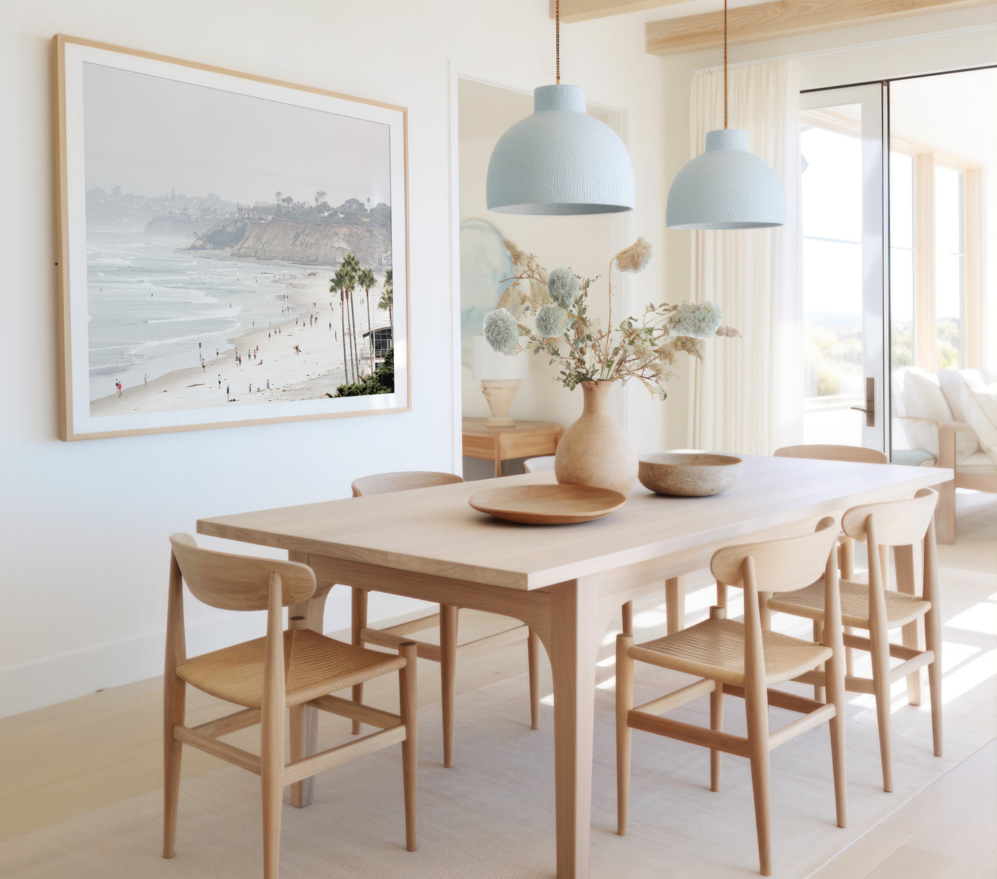 Large framed Del Mar Beach wall art in soft earthy tones, luxury California coastal Fine art print.