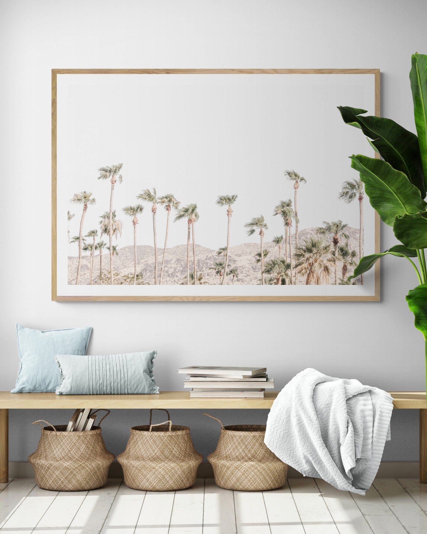 Landscape coastal photography showing a wide expanse of palm trees in Palm Springs with hazy mountains in the background. A minimalist palm tree print. Photograph in minimalist mock up.