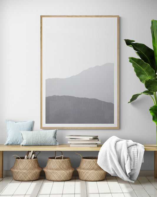 Minimalist vertical art print of hazy mountains layered in soft tones. Located in Palms Springs, California. Photograph in minimalist mock up