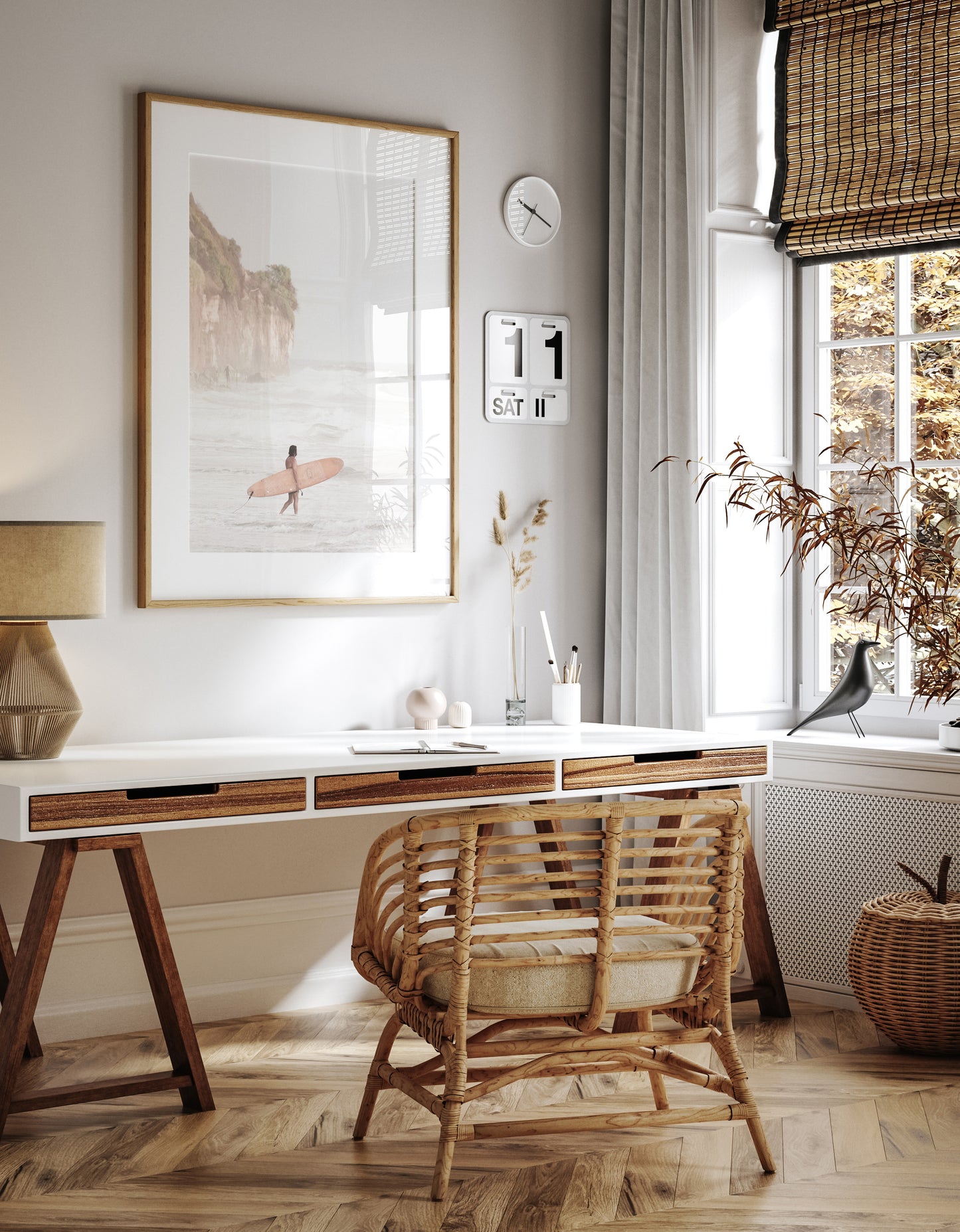 Vertical surf art print of a lone surfer carrying a surfboard, walking on a rocky, foggy shoreline at Moonlight State Beach with a lifeguard tower and cliff in the background. Photograph in minimalist mock up.