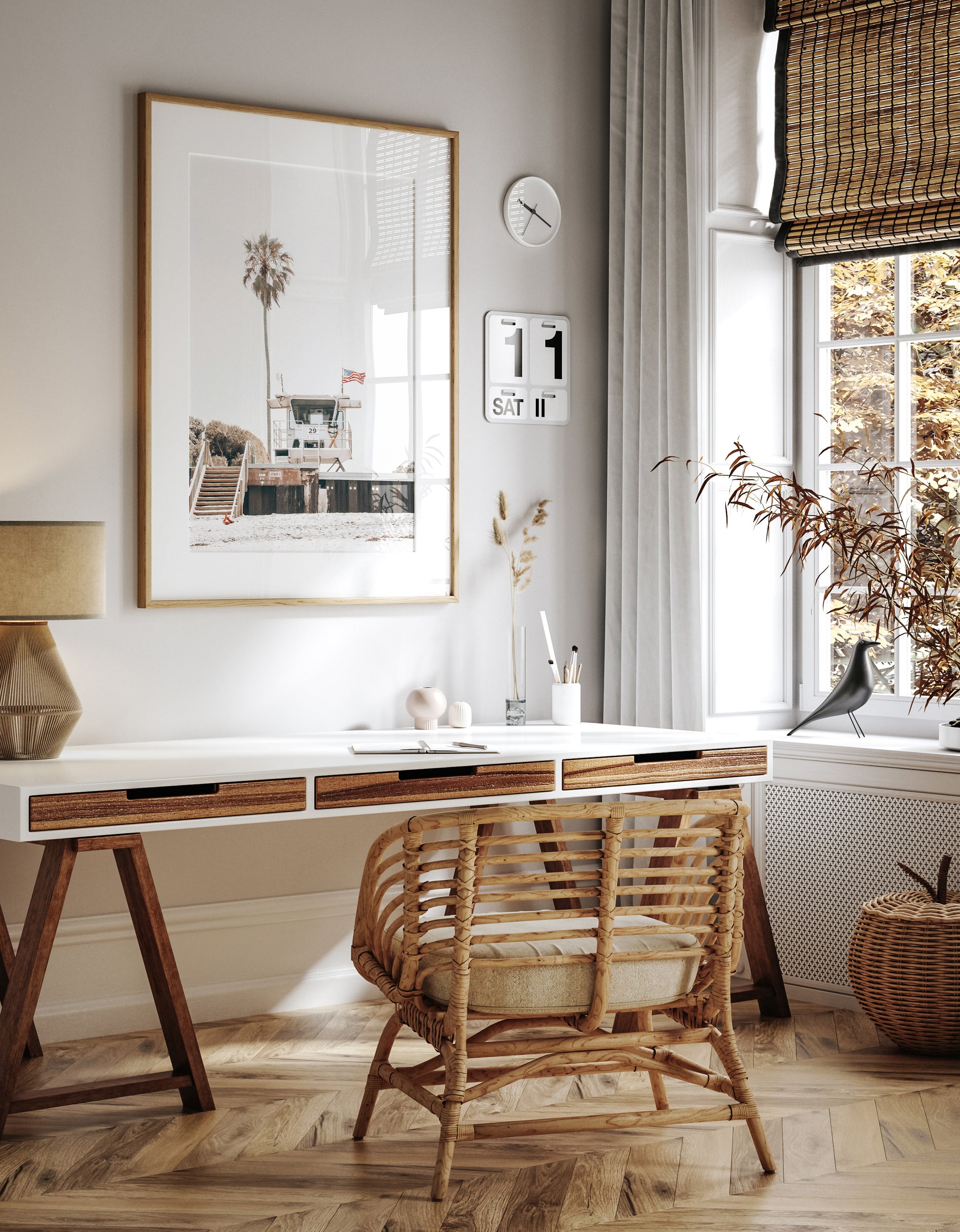 A photograph featuring an American flag on a lifeguard tower with a palm tree in the background, taken at a beach in Del Mar, San Diego. Photograph in minimalist mock up.