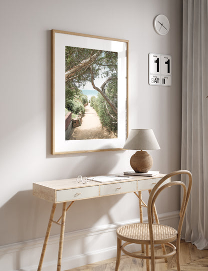 A serene landscape coastal photography print showing a path leading down to the ocean, framed by lush coastal foliage and winding branches. This vertical coastal photography piece captures the beauty of the Seaside Beach, on the California coast, perfect for a beach house decor. Photograph in minimalist mock up.