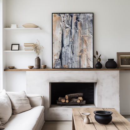 Fine art Yosemite Valley vertical  landscape print by Southern California photographer Kim Dybczak of Salt Creek Prints, featuring a multi colored granite cliff side. Photograph in minimalist living room mock up
