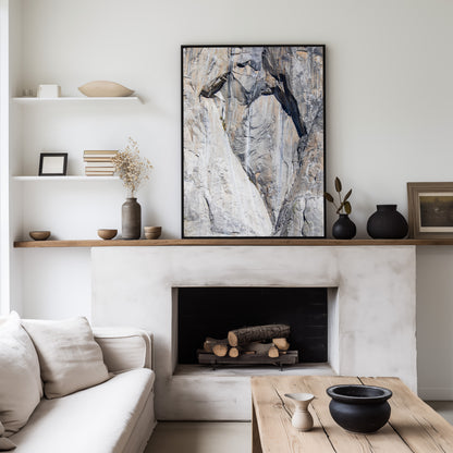 Fine art Yosemite Valley vertical  landscape print by Southern California photographer Kim Dybczak of Salt Creek Prints, featuring a multi colored granite cliff side. Photograph in minimalist living room mock up