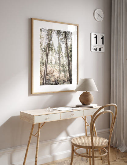 Fine art Yosemite Valley forest vertical  landscape print by Southern California photographer Kim Dybczak of Salt Creek Prints, featuring tall trees. Photograph in minimalist mock up