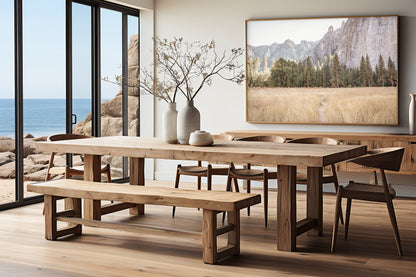 Fine art Yosemite Valley horizontal  landscape print by Southern California photographer Kim Dybczak of Salt Creek Prints, featuring a golden field and granite cliffs with with a valley in the mountains distance. Photograph in dining room mock up