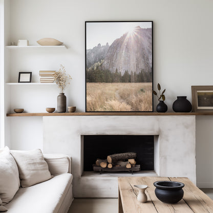 Fine art Yosemite Valley landscape print by Southern California photographer Kim Dybczak of Salt Creek Prints, featuring a golden field and granite cliffs with sunlight streaming over the mountains. Photograph in minimalist mock up