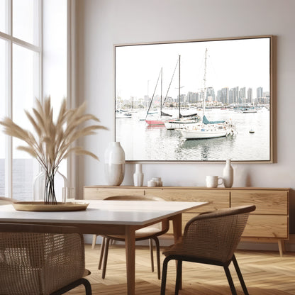A horizontal San Diego print showcasing numerous sailboats in San Diego Harbor with the city skyline in the background. This modern coastal print embodies the Southern California coastal photography, perfect for a large beach wall art. Photograph in minimalist mock up.