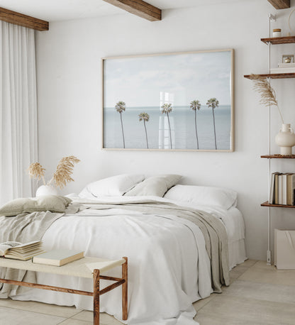 Coastal Encinitas photography featuring a row of palm trees along the coastline. Photograph in minimalist mock up.
