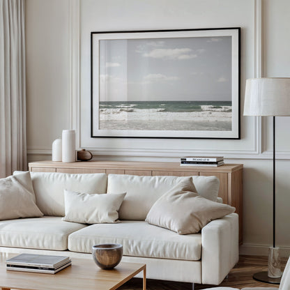 Framed Fine art photograph of green blue ocean waves at Solana Beach hung on a wall