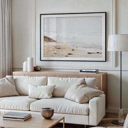 Framed Fine Art photograph of Solana Beach with sand and waves hung on a wall