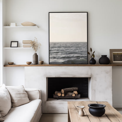 Framed Fine Art photograph of waves at Moonlight  Beach above a fireplace