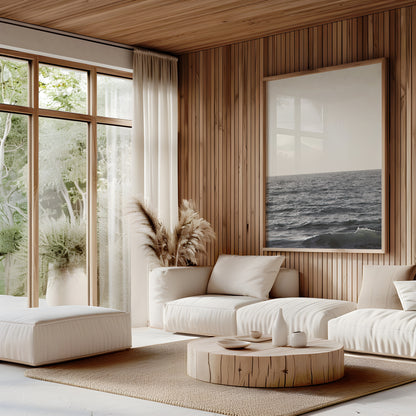 Framed Fine Art photograph of waves at Moonlight  Beach hung on a wall