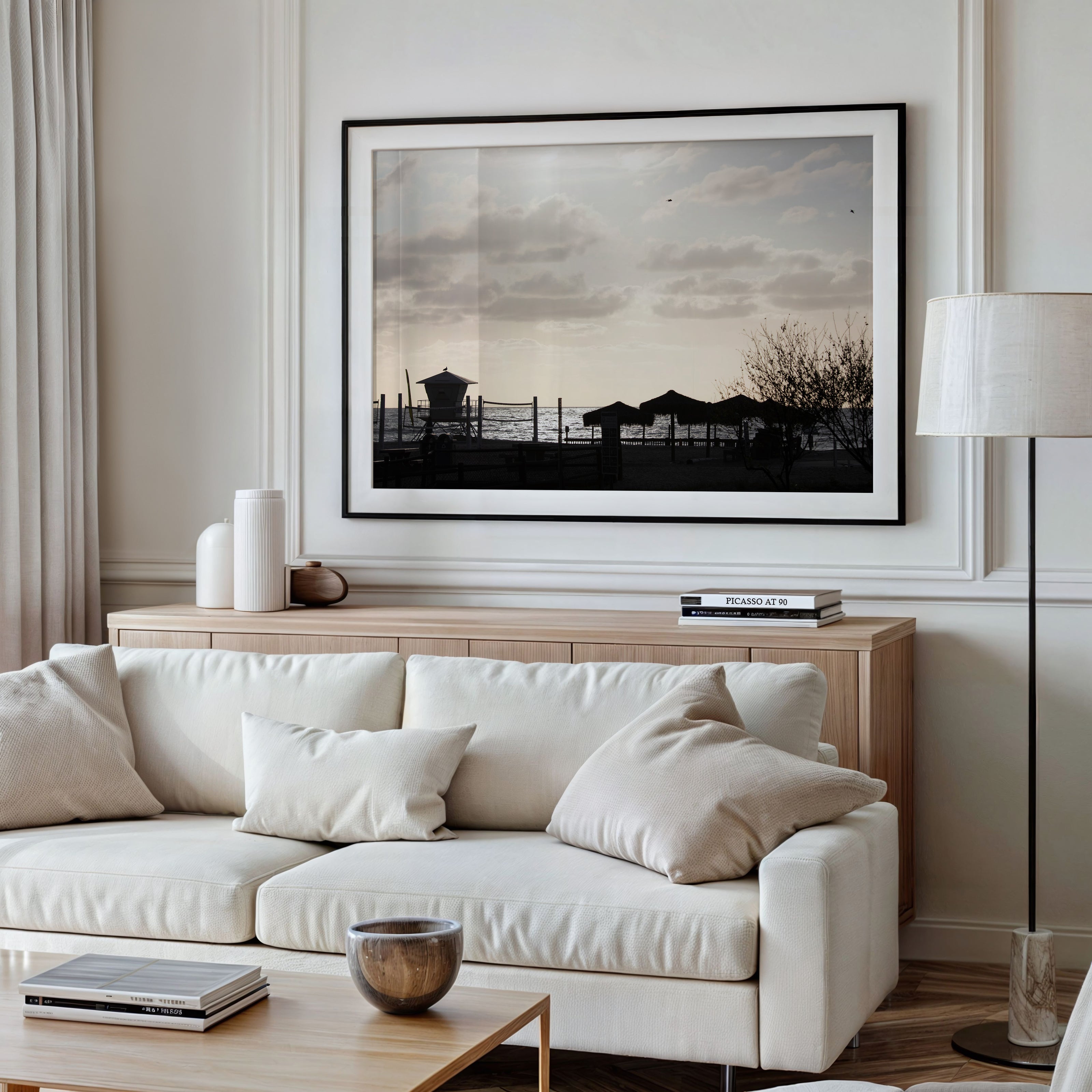 Framed Fine Art photograph of Moonlight Beach hangin on a wall