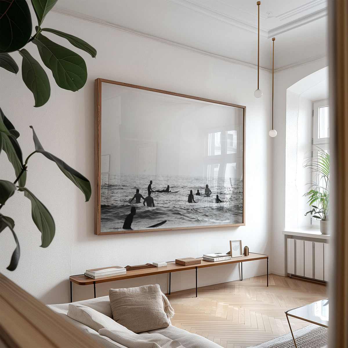 Oversized framed photo of: Swamis 6683 displayed on a living room wall above a console. 